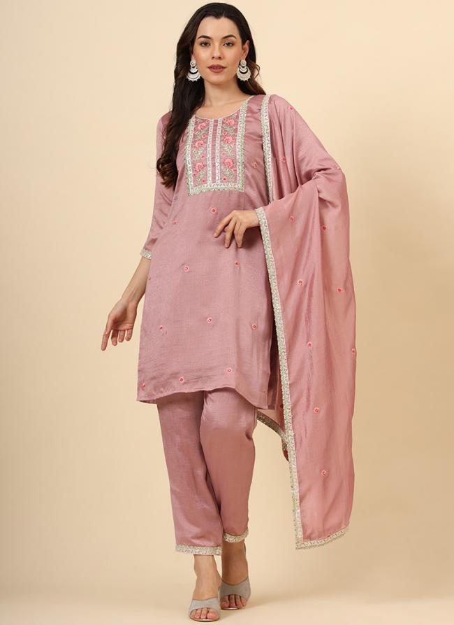 Vichitra Silk Pink Traditional Wear Embroidery Work Readymade Kurti Set